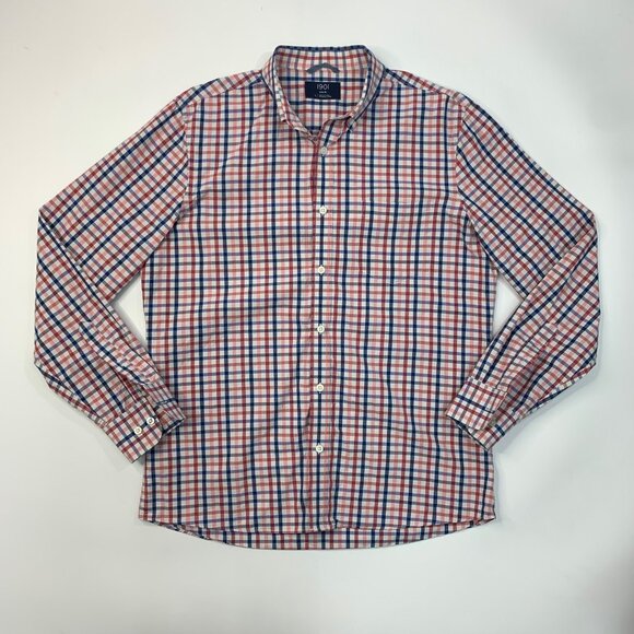 1901 Shirt Mens L Large Trim Fit Multi Red Blue Cotton Checkered Button Down - Picture 2 of 11